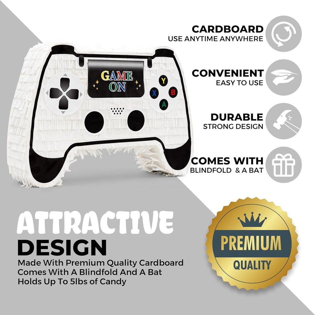 White Game Controller Pinatas Bundle with a Blindfold and a Bat(16.5 x 12 x 3.5 Inches), Perfect for kid's Birthday Parties, Mexican Theme Parties, Decorations