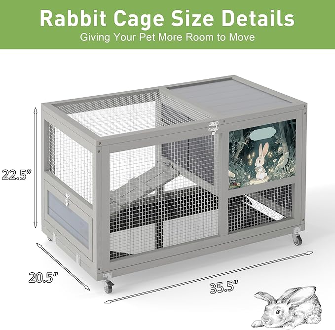 COZIWOW Fashionable Wood 36In Rabbit Hutch Indoor on Wheels Bunny Cage Outdoor Rabbit Cage with Clean Tray, Openable Roof, Anti-Slip Ramp for Small Bunny Rabbit (Grey with Pattern)-PawvioPets