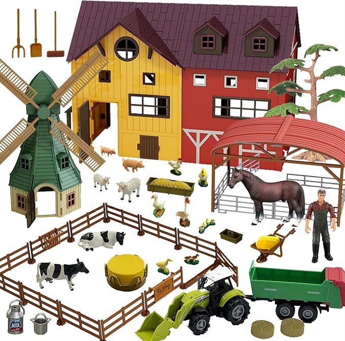 Farm Animals Figurines Toys -140 pcs Toy Set Barn Toy Horse Stable Tractor Trailer Windmill Farmer Fence Playset for Kids Toddlers Boy Girl 3-7 Years Old-PawvioPets