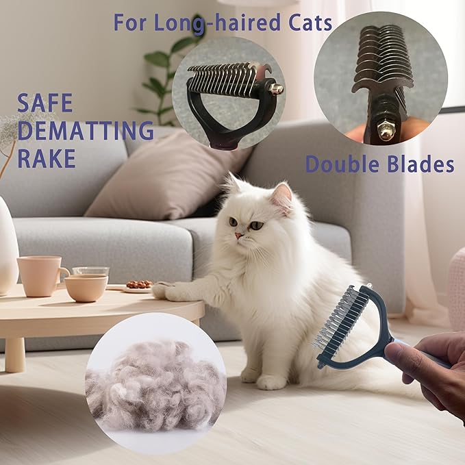 Cat Grooming Brush Kit 6 Tools - Deshedding & Dematting for Long/Short Hair, Self-Cleaning Slicker Brush with 6-in-1 Flea Comb for Cats & Kittens (Blue)-PawvioPets