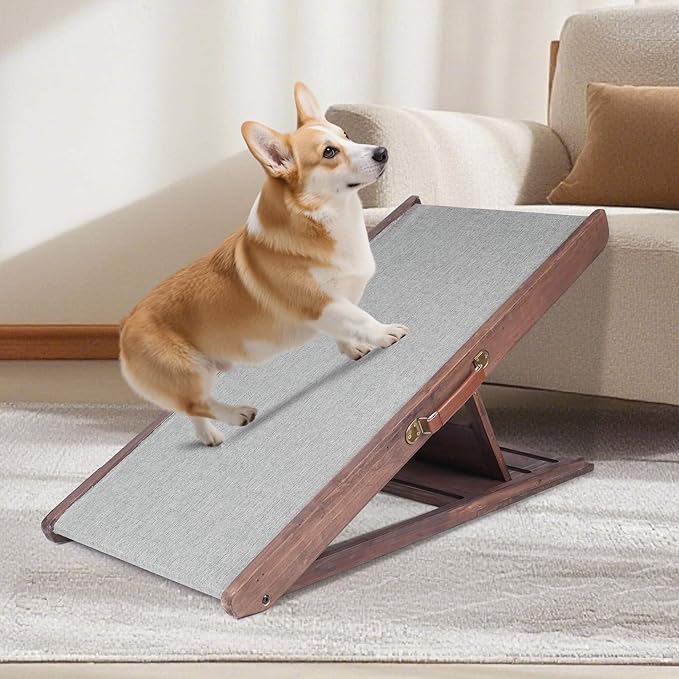 Folding Dog Ramp for Bed, Couch, Car, SUV & RV - Adjustable 4 Heights (12.2"-19.2"), 35.4" Long Wooden Pet Ramp with Non-Slip Mat & Safety Rails - Supports Pets up to 200 lbs-PawvioPets