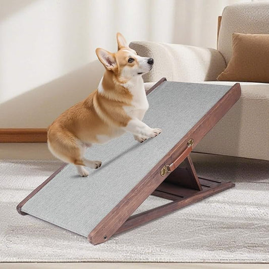 Folding Dog Ramp for Bed, Couch, Car, SUV & RV - Adjustable 4 Heights (12.2"-19.2"), 35.4" Long Wooden Pet Ramp with Non-Slip Mat & Safety Rails - Supports Pets up to 200 lbs-PawvioPets