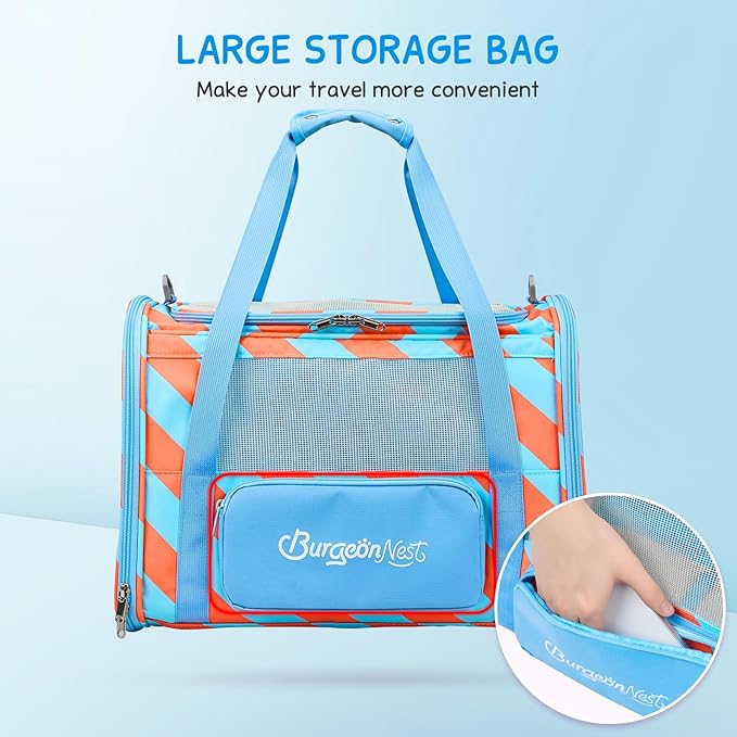 BurgeonNest Cat Carrier, Dog Cat Carriers for Large Medium Cats Under 20 lbs, Soft Sided Pet Carrier, Collapsible Travel Carry Puppy Kitten Cat Carrier with Big Side Bag (Medium, Blue-Orange)-PawvioPets