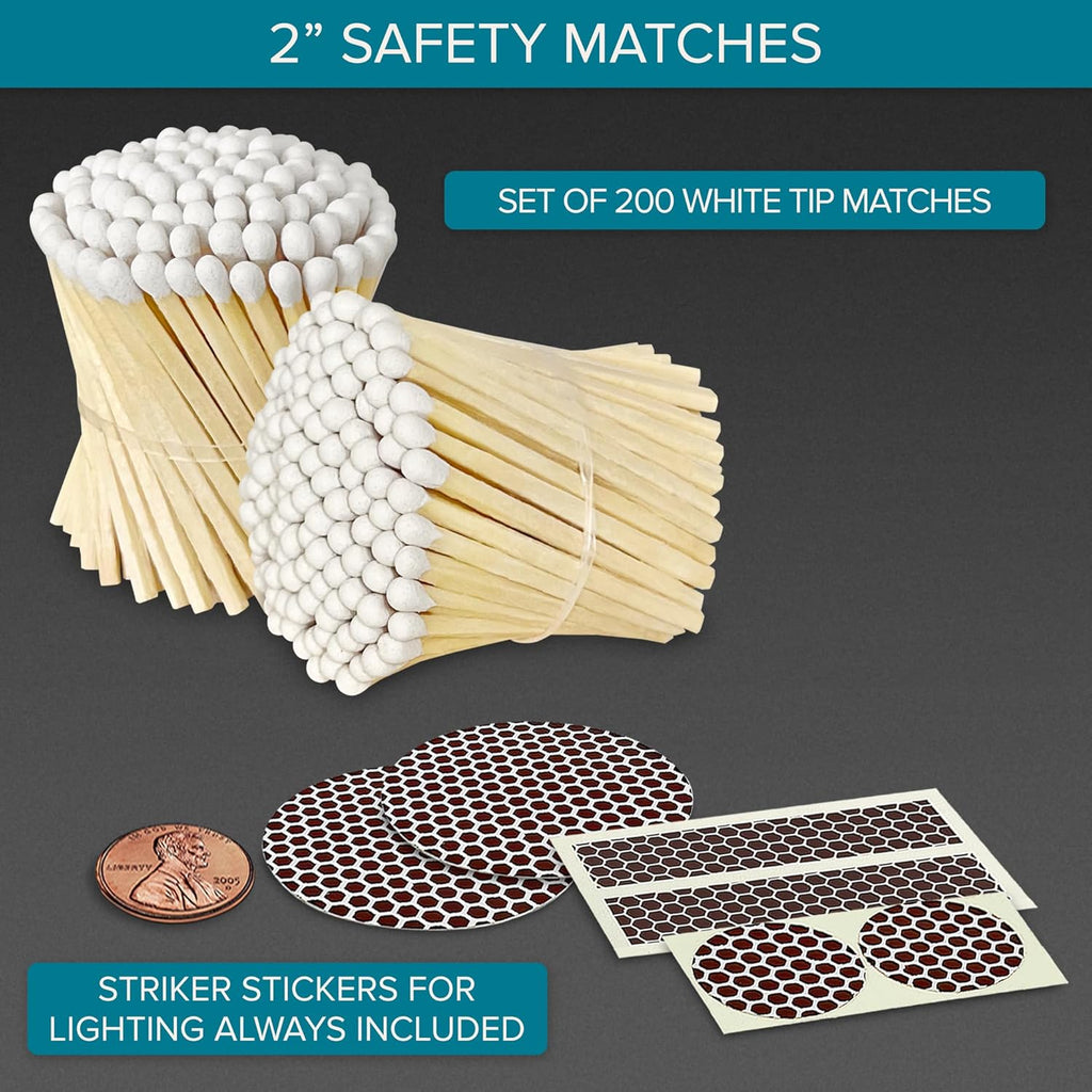 2" Classic White Tip Safety Matches | 200+ Bulk Artisan Matchsticks with Bumble Striker Stickers by Thankful Greetings, Decorative Candle Lighting Accessories, Unique for Home Decor, Gifts, & Events