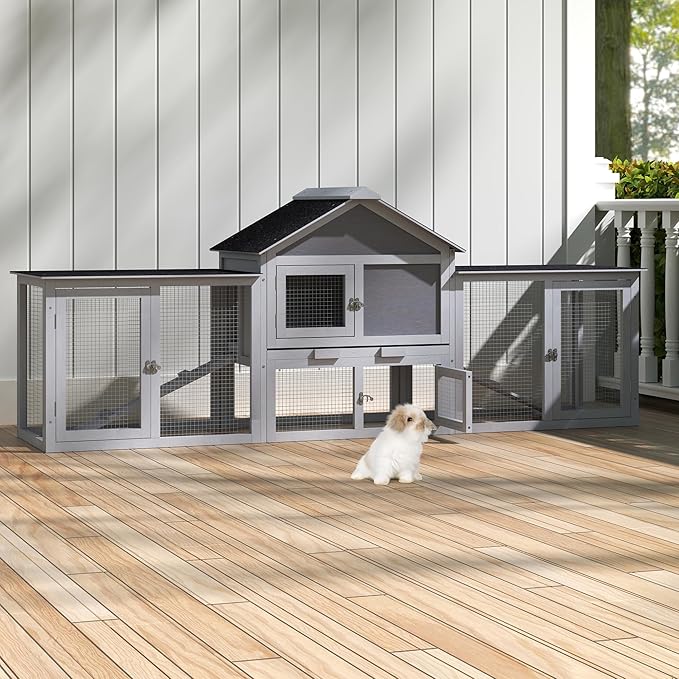 82.5” Large Wooden Rabbit Hutch Outdoor Easy to Assemble Rabbit Cage and Durable Bunny Hutch Indoor with Cleaning Tray & Waterproof Roof for Small and Medium Bunny Rabbit Chick (Grey)-PawvioPets