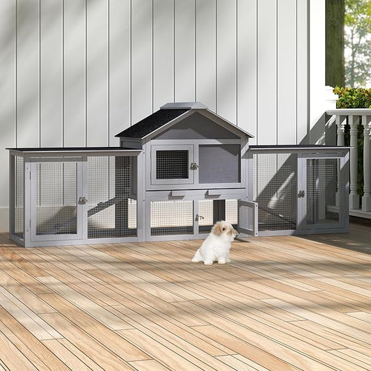 82.5” Large Wooden Rabbit Hutch Outdoor Easy to Assemble Rabbit Cage and Durable Bunny Hutch Indoor with Cleaning Tray & Waterproof Roof for Small and Medium Bunny Rabbit Chick (Grey)-PawvioPets