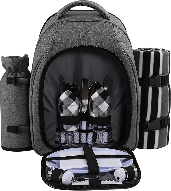 apollo walker Picnic Backpack Bag for 2 Person with Cooler Compartment, Detachable Bottle/Wine Holder, Fleece Blanket, Plates and Cutlery Set (2Person,Grey)-PawvioPets