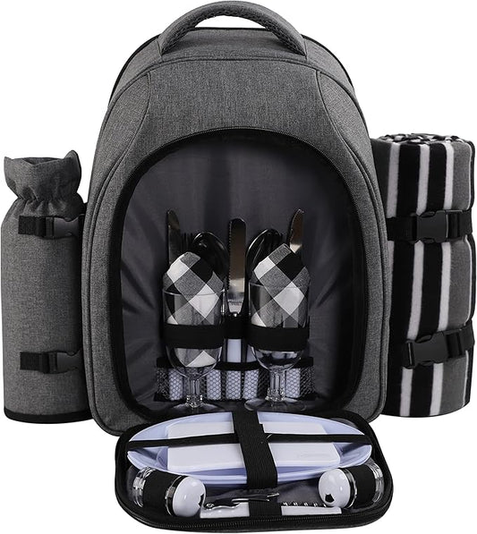 apollo walker Picnic Backpack Bag for 2 Person with Cooler Compartment, Detachable Bottle/Wine Holder, Fleece Blanket, Plates and Cutlery Set (2Person,Grey)-PawvioPets