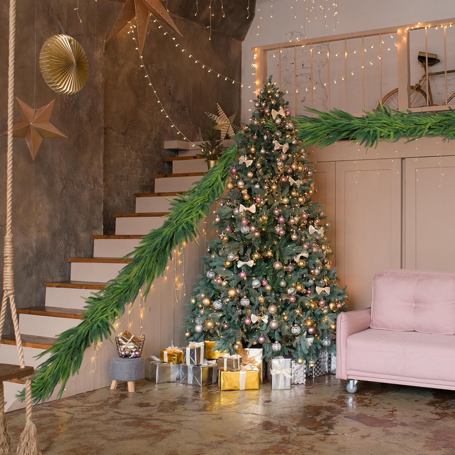 2 Pcs Artificial Norfolk Pine Garlands Christmas, 15 FT Dense Real Touch Winter Pine Garland Ornament, Green Artificial Greenery Garland for Table, Mantle, Wall, Indoor, Outdoor Christmas Decorations