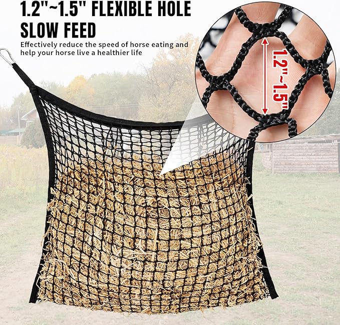 4 PCS Slow Feed Hay Net for Horses, Large Capacity Hay Bags for Horses Goats Sheep Donkey Trailer Full Day Feeding, Easy to Fill and Hang, Black, 35 x 31 Inch-PawvioPets