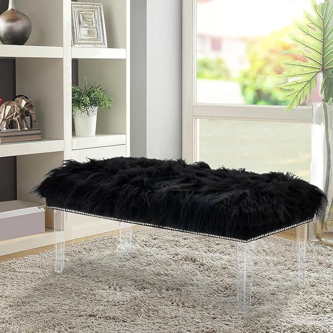 46 Inch Black Bedroom Bench, Benches for Bedroom White Faux Fur Upholstered Bed end Bench, Tufting Bench Indoor Bench with Acrylic Legs for Living Room Bedroom Dining Room Entryway, Black-PawvioPets