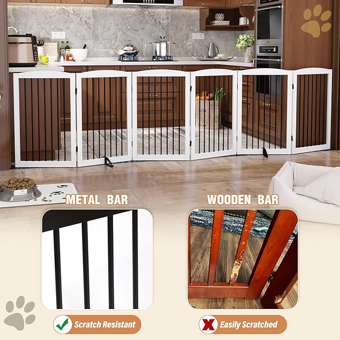 Freestanding Pet Gate for Dogs, Indoor Wooden Foldable Dog Gate for House, Extra Wide, Pet Fence for Stairs, Doorways, Halls, Support Feet Included, 120 Inch Wide, 6 Panels 32",White-PawvioPets