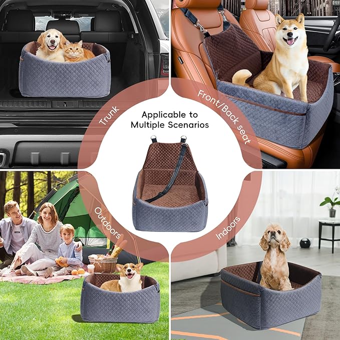 Dog Car Seat for Small Medium Dogs, Soft Fabric Dog Booster Seat with Storage Pockets, Safety Belt, Comfy Pet Car Seat Travel Bed, Removable and Washable-PawvioPets