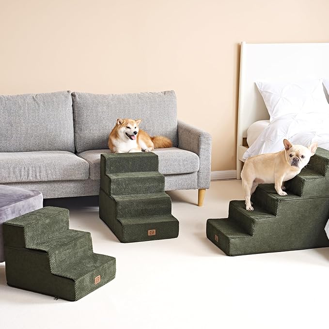 EHEYCIGA Dog Stairs for Small Dogs 13.5" H, 3-Step Dog Steps for Couch Sofa and Chair, Pet Steps for Medium Cats, Non-Slip Balanced Pet Ramp Indoor, Olive Green-PawvioPets