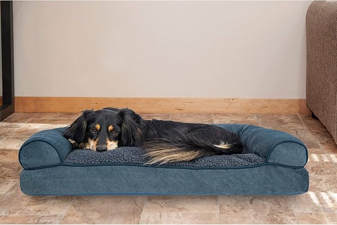 Furhaven Pillow Dog Bed for Medium/Small Dogs w/ Removable Bolsters & Washable Cover - Sherpa & Chenille Sofa - Orion Blue, Medium-PawvioPets