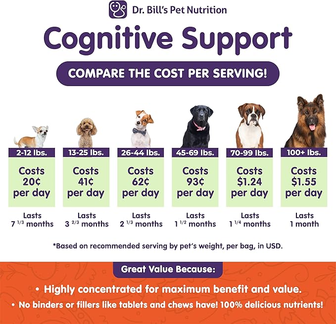 Dr. Bill’s Canine Cognitive Support | Memory Support Supplement Multivitamin for Dogs | Contains Gingko Biloba, L-Carnosine, Vitamin B-12, L-Glutamine, L-Tyrosine, and DHA for Adult and Senior Dog-PawvioPets