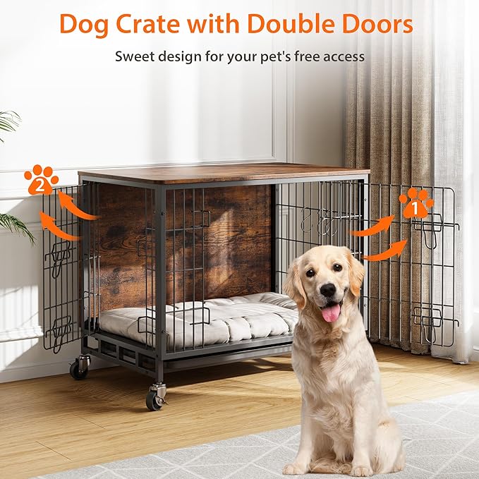 Dog Crate Furniture, 27.2" Small Dog Kennel Wooden Dog Crate with Pull-Out Tray, Double Doors, Modern End Table for Small/Medium Dogs, Grey-PawvioPets