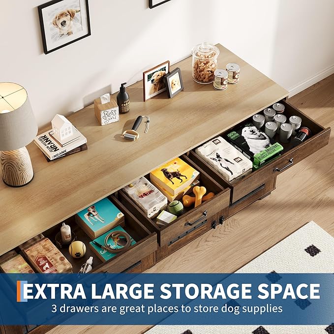 71 Inch Dog Crate Furniture for 2 Rooms, Wooden Double Crate Large Breed with Door, Dog Kennel Indoor, TV Stand End Table with Divider for Large Medium Dogs,Brown-PawvioPets