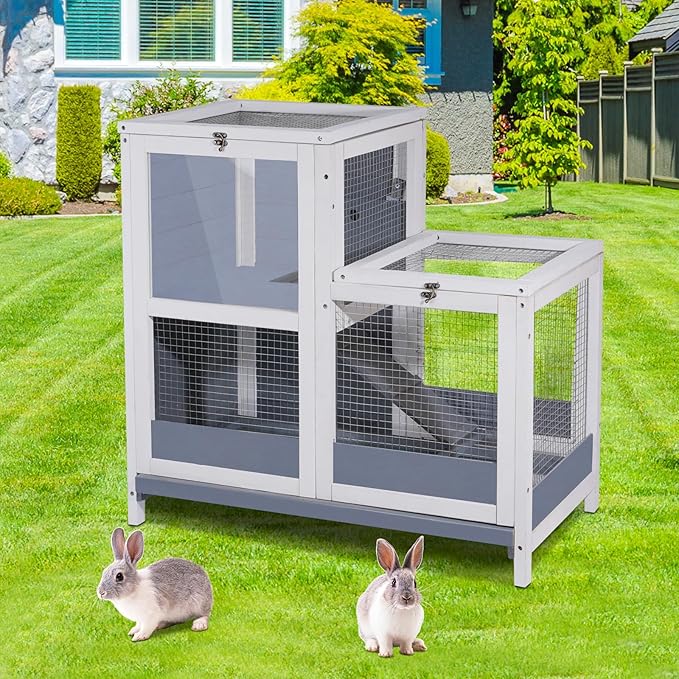 2-Story Guinea Pig Cages Wooden Indoor Rabbit Hutch Hamster Cage with Openable Roofs, Removable Tray and Wide Ramp, Small Animal Habitats for Hamsters, Guinea Pig, Ferrets, Hedgehog-PawvioPets
