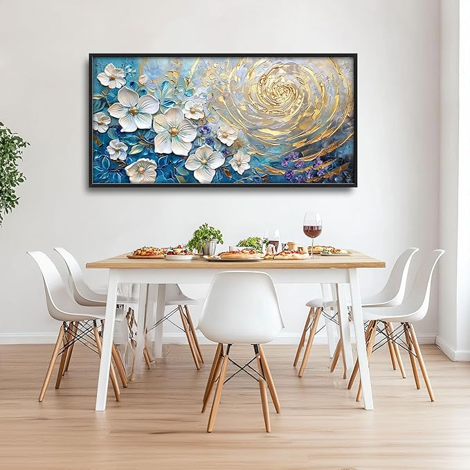 Flower Large Wall Art White Floral Pictures Abstract Golden Spiral Texture Wall Decor Canvas Print Painting Artwork for Bathroom Living Room Bedroom 60L" x 30W"-PawvioPets