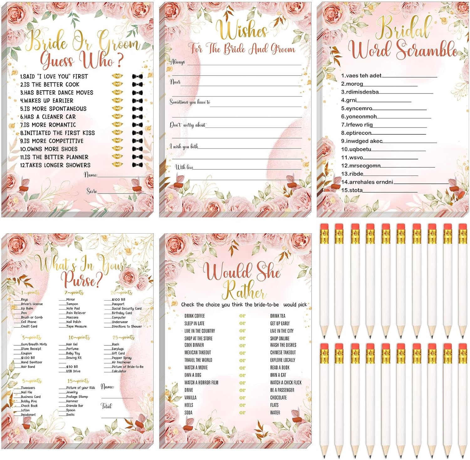 Teling 145 Pieces Bridal Shower Game Bridal Shower Favors Set Wedding Games Cards and Pencils for Bride Groom Bachelorette Party Wedding Party Favor(Pink Floral)
