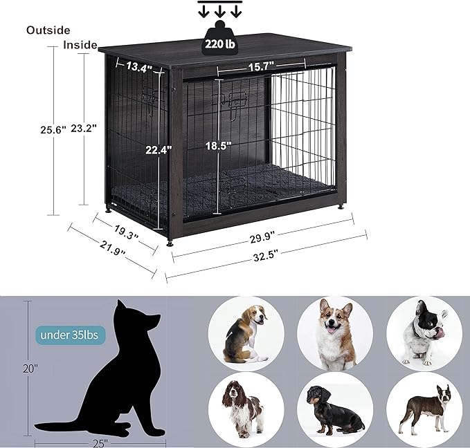 DWANTON Dog Crate Furniture with Cushion, Wooden Kennel Table with Double Doors, Indoor Dog House, Medium Size, 32.5" L, Dark Gray-PawvioPets