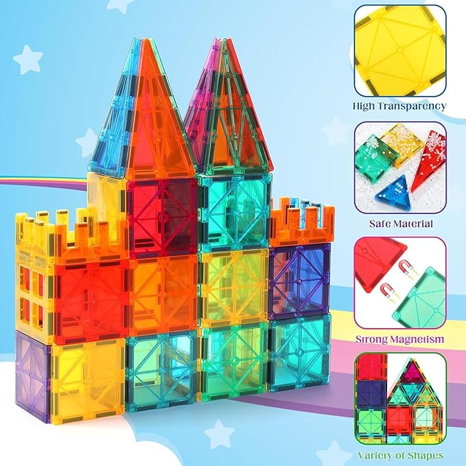 32-Pack Magnetic Tiles–Rainbow Builder Set, 2.95in STEM Construction Kit with Transparent Windows, Expand Creative Play for Kids-PawvioPets