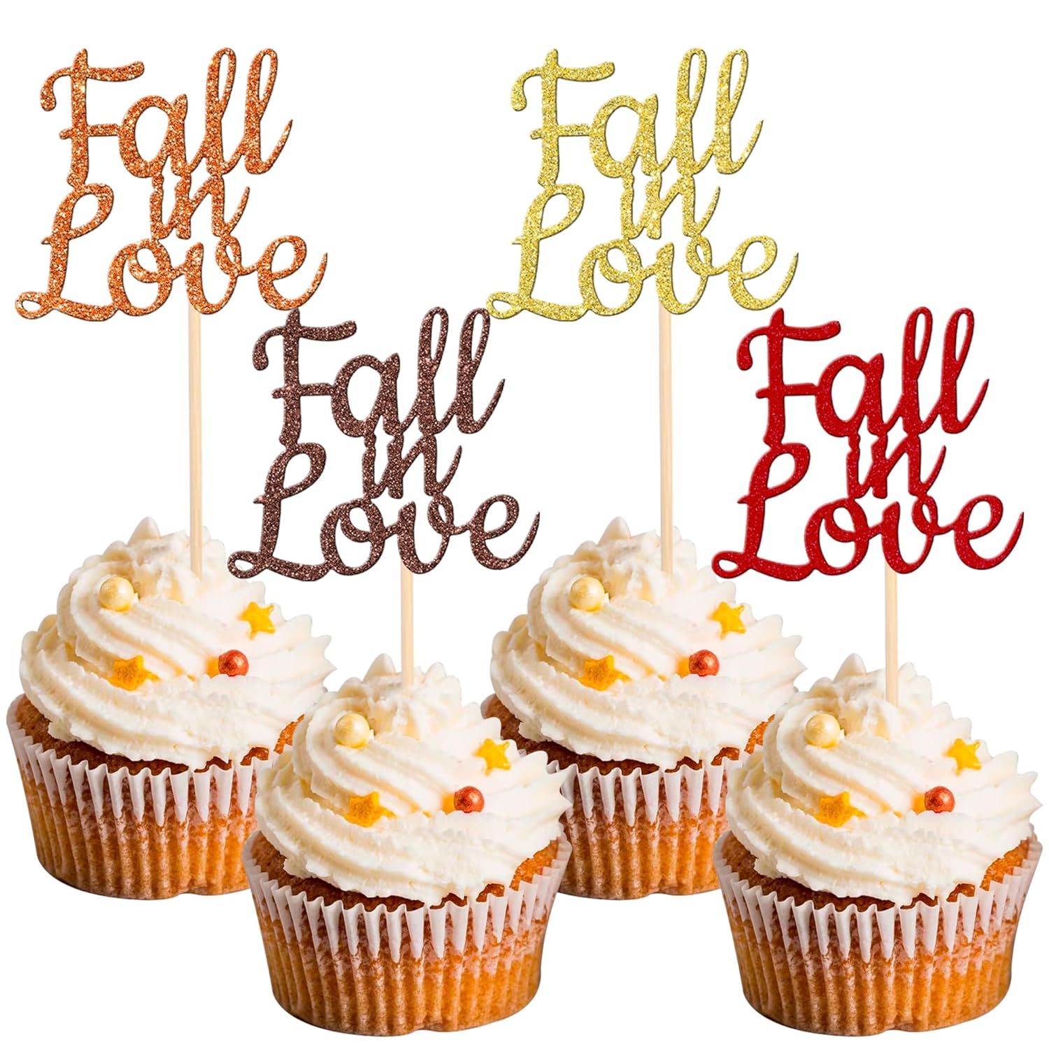 24 PCS Fall in Love Cupcake Toppers Glitter Fall Theme Bridal Shower Cupcake Picks for Autumn Wedding Engagement Anniversary Birthday Party Cake Decorations Supplies Colorful