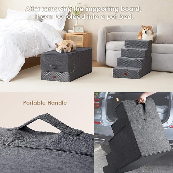 EHEYCIGA Dog Stairs for High Bed 25" H, 5-Step Extra Wide Dog Steps for Bed, Pet Steps for Small Dogs and Cats, Non-Slip Balanced Pet Ramp Indoor, Grey-PawvioPets