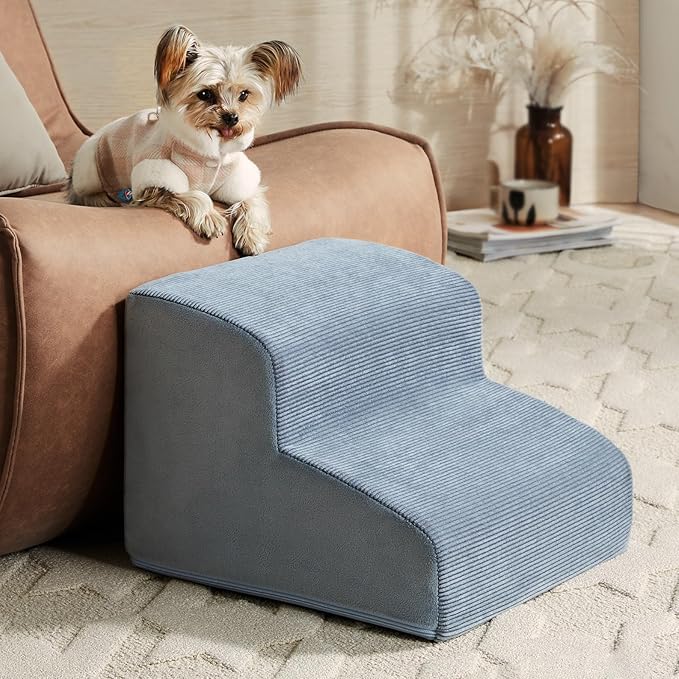 Dog Stairs for Small Dogs, 2-Steps Dog Ramp for Couch, Pet Stairs with Highly Supportive Foam and Non-Slip Bottom, Pet Steps for Cat & Doggie (High 11.8 Inch)-PawvioPets
