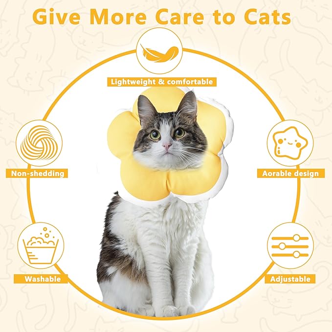 Cat Cone Collar Soft, Waterproof Cats Cones to Stop Licking After Surgery, Adjustable Soft Elizabeth Cats Collars for Wound Healing, Flower Shape Cat Recovery Collar (Yellow, Medium)-PawvioPets