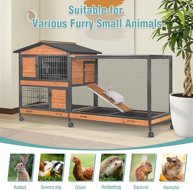 2-Story Rabbit Cage with Chew-Proof Metal Frame for Indoor/Outdoor - 62" Bunny Hutch Guinea Pig Cages with 6 Locking Wheels & 2 Removable Trays for Rabbits/Guinea Pigs-PawvioPets