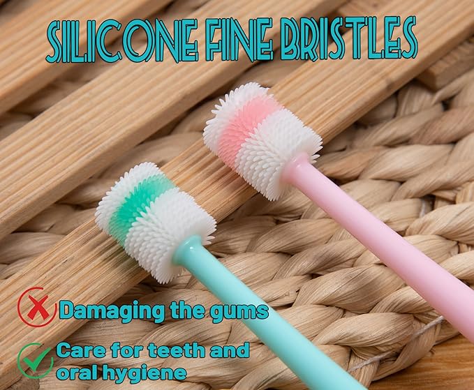 E.M&S.T by Emmeliestella Small Dog & Cat Toothbrush 360 Degree Soft Silicone, Cat Dental Care, Toothbrush Holder, Easy to Handle, Independent Packaging, Extra Suction Cup, Light Blue&Light Pink 3PCS-PawvioPets