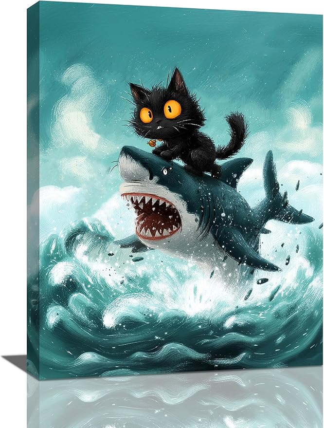 Funny Black Cat Bathroom Wall Art Cute Cat Riding Shark Canvas Wall Decor Animal Kitten Pictures Painting Print Artwork Framed Decorations Gifts for Cat Lover Kids Room Bedroom 12"x16"-PawvioPets