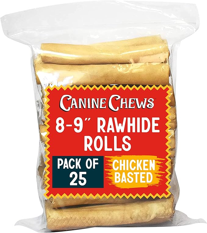 Canine Chews 8-9" Chicken Basted Rawhide Retriever Rolls - Pack of 25 Chicken-Flavored Long-Lasting Dog Rawhide Chews - Protein-Dense Jumbo Rawhide Bones For Large Dogs - Treats for Aggressive Chewers-PawvioPets