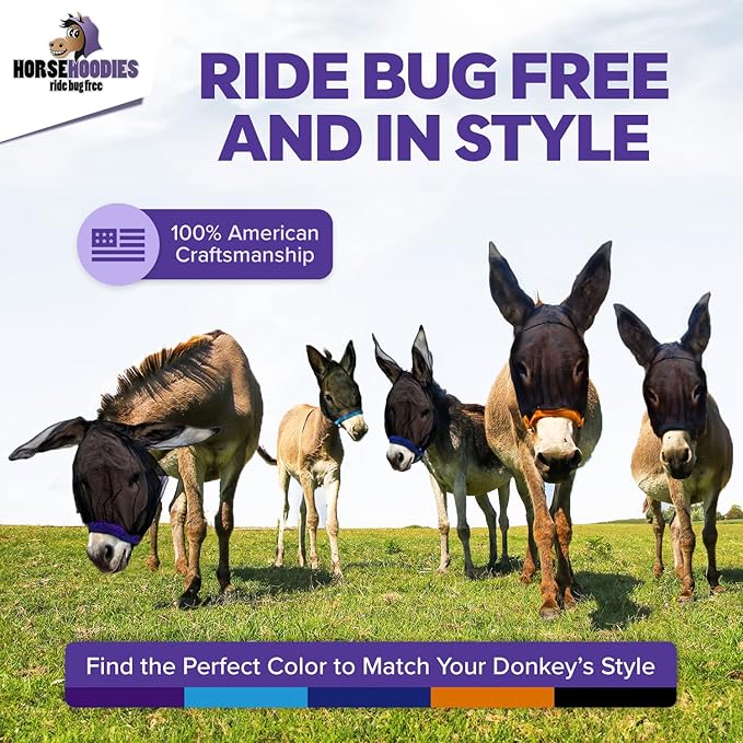 Donkey Fly Mask with Long Ears (Purple) Made in USA - Mule Fly Mask with Ears Protection from Insects and Bugs, Mini Donkey Soft Mesh Fabric with Adjustable Fastener, Face Cover Supplies for Donkeys-PawvioPets