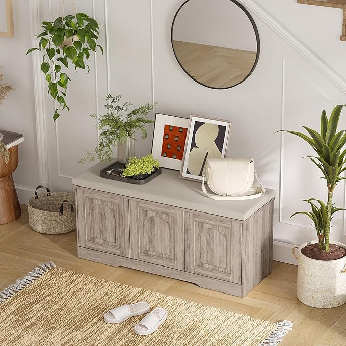 DINZI LVJ Shoe Bench, Entryway Storage Bench with Doors, Cushion, 2-Tier Shoe Rack with 6-Cubby, 39.4”L x 13.8”W Shoe Organizer Cabinet, Adjustable Shelf, Living Room, Bedroom, Greige-PawvioPets