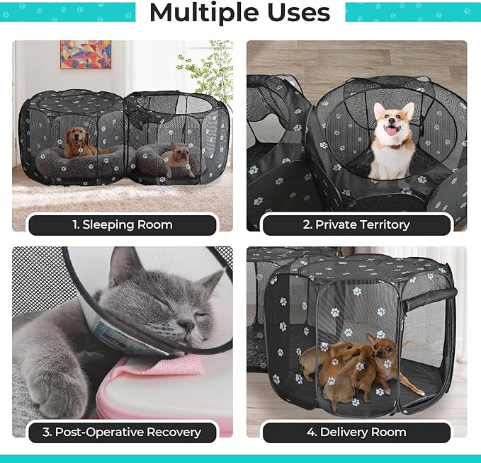 2-in-1 Cat Playpen, Pop Up Dog Pet Playpen for Indoor Outdoor Cats Enclosure, Portable Pet Playpen, Kitten Puppy Foldable Play Pen Cat Dog Tent Crate Cage Kennel(No Divider, Unified Space)-PawvioPets