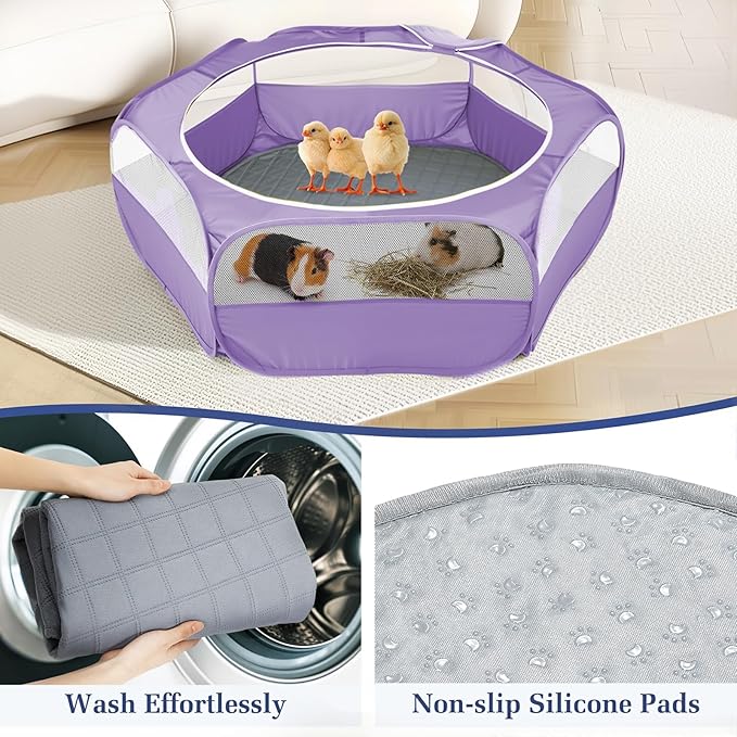 2-in-1 Small Animals Playpen with Pad, Waterproof Small Pet Cage Tent with Reusable Pad, Portable Outdoor Yard Fence with 3 Metal Rod for Chick/Kitten/Puppy/Guinea Pig/Rabbits/Chinchillas, Purple-PawvioPets