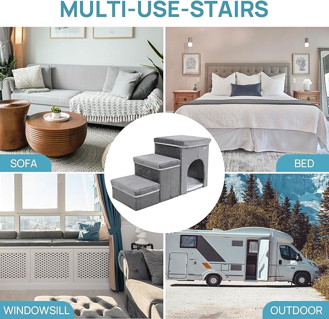 Foldable Pet Stairs for Beds & Sofas - Non-Slip Dog Steps with Storage for Small to Medium Dogs & Cats, Supports up to 120 lbs - Durable 2 & 3-Step Doggie Ladder for Easy Access-PawvioPets