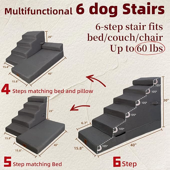 Dog Stair ramp for 30 inch high beds. 6-Step Dog Stair Ramp for 20 to 36 Inch Sofa Beds. Pet Steps for Small, Medium and Large Dogs. Non-Slip, Balanced and Portable. Multifunctional 6 Steps, Gray.-PawvioPets