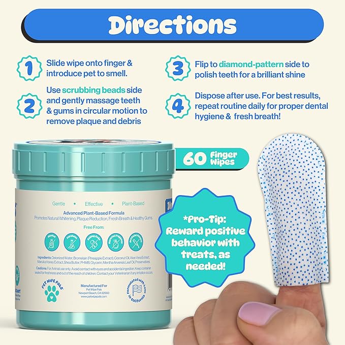 All-in-1 Dog Teeth Cleaning Wipes | Enzymatic Whitening + Premium Scrubbing Beads | No Mess, Pet Dental Wipes & Finger Tooth Brushing Kit | Plant-Based Dental Care for Cats & Dogs (60 Count)-PawvioPets