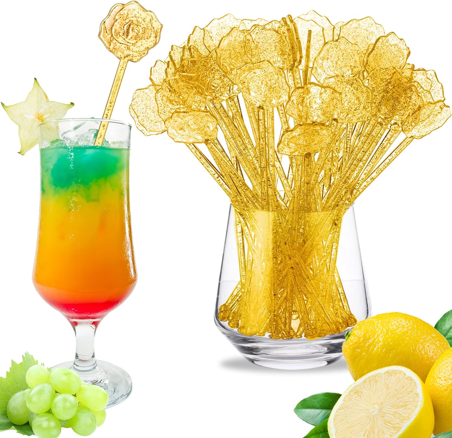 100 Pcs Gold Glitter Drink Stirrers Cocktails Plastic Swizzle Sticks 7.5 Inch Cupcake Pop Sticks Toppers Rose Top Wedding Drink Stirrers for Mixed Drinks Coffee Birthday Wedding Party