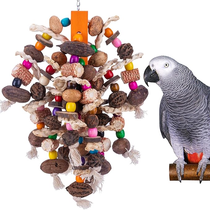 Deloky Large Parrot Bird Chewing Toys, Natural Nuts Corn Parrot Tearing Toy, Wooden Bird Cage Toy for African Grey, Macaws Cokatoos, Amazon Parrots and Other Large Birds-PawvioPets