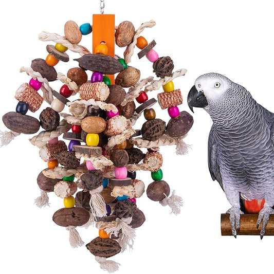 Deloky Large Parrot Bird Chewing Toys, Natural Nuts Corn Parrot Tearing Toy, Wooden Bird Cage Toy for African Grey, Macaws Cokatoos, Amazon Parrots and Other Large Birds-PawvioPets