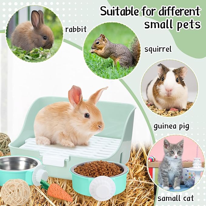 15 Pcs Rabbit Starter Kit Small Rabbit Litter Box Animal Grooming Kit Bunny Toys Bowl Blankets with Cleaning Set for Guinea Pig Accessories(Green)-PawvioPets