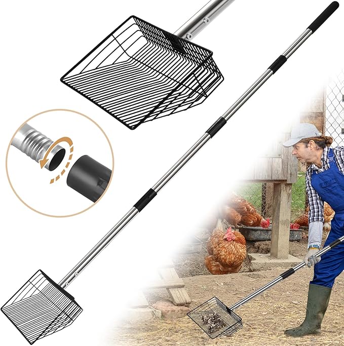10inch Large Metal Chicken Poop Scooper, 24 to 68" Long Chicken Coop Litter Scoop with Stainless Steel Handle, 4 in 1 Multifunctional Heavy Duty Litter Sifting Shovel Chicken Coop Accessories-PawvioPets
