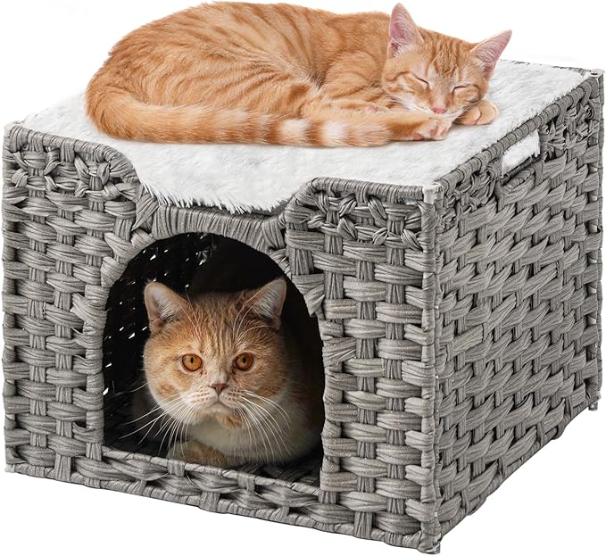 Cat Beds Indoor Kitten House, Handwoven Rattan Cat Cave Pet Cube, Large Cat Houses, One Bed Mat, Foldable, Hideaway, 16.5x16.5x13.2 Inches, 2 S-Shaped Hooks in Living Room Bedroom Gray-PawvioPets