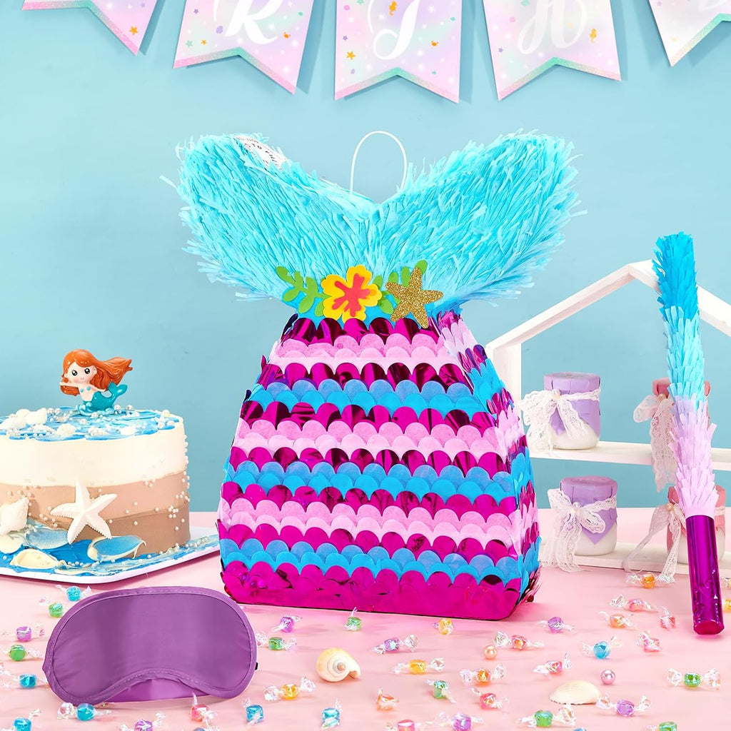 WERNNSAI Mermaid Piñata - Mermaid Party Games Decorations Mermaid Tail Piñata with Blindfold and Bat for Girls Kids Under the Sea Themed Birthday Party Supplies (12.5" x 16.5" x 3")