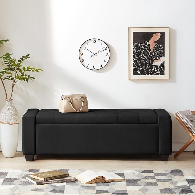 48" Ottoman with Storage, Black Storage Ottoman Bench with Safety Hinge, Upholstered Entryway Bench with Seating for Bedroom, Living Room, Holds up to 330 lb-PawvioPets